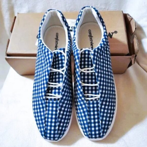 Comfortview The Bungee Slip On Sneaker Navy Gingham Size 9.5M NWT - Picture 2 of 5